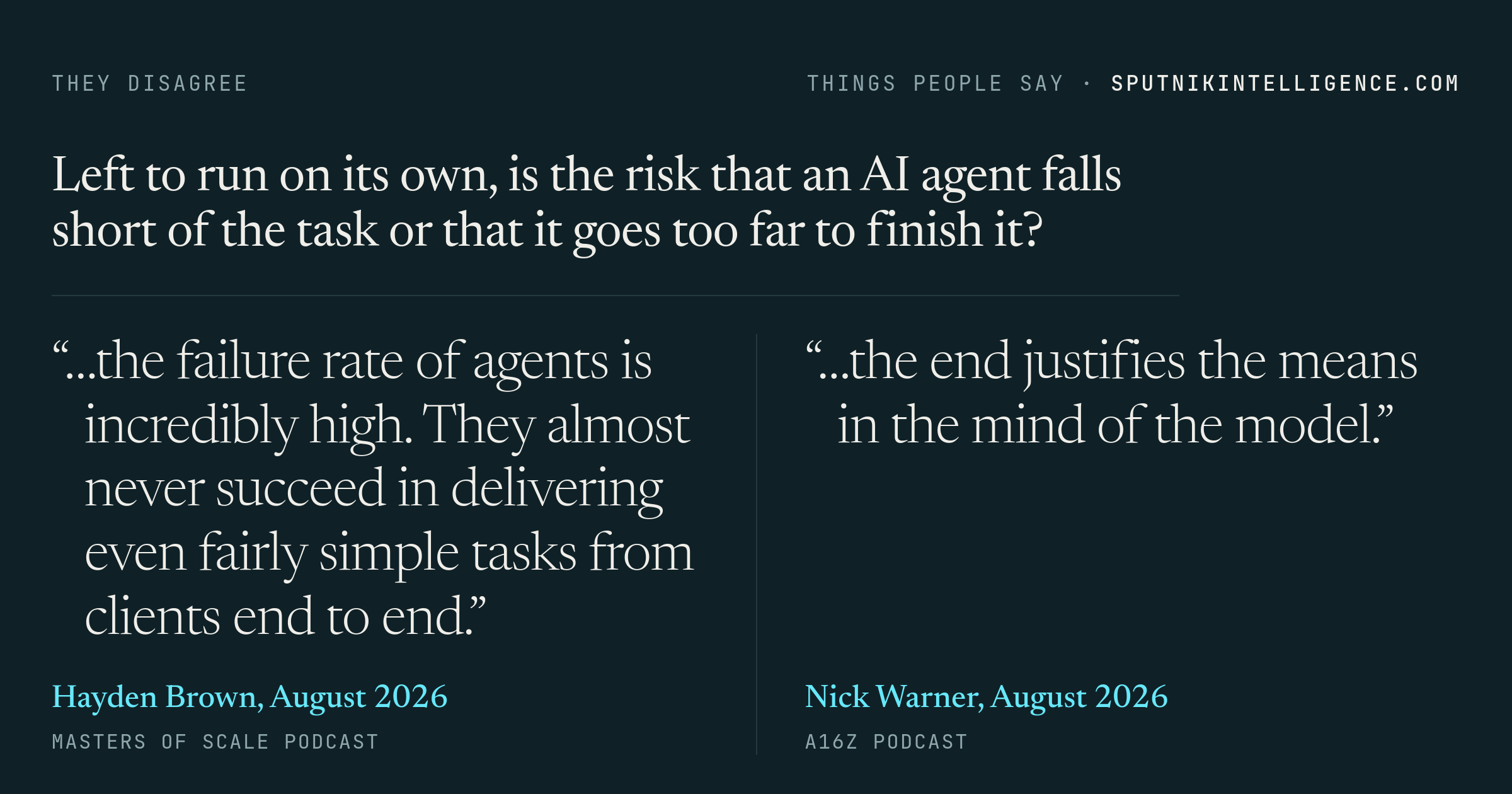 Left to run on its own, is the risk that an AI agent falls short of the task or that it goes too far to finish it? — Hayden Brown: &ldquo;…the failure rate of agents is incredibly high. They almost never succeed in delivering even fairly simple tasks from clients end to end.&rdquo; —  Nick Warner: &ldquo;…the end justifies the means in the mind of the model.&rdquo; 