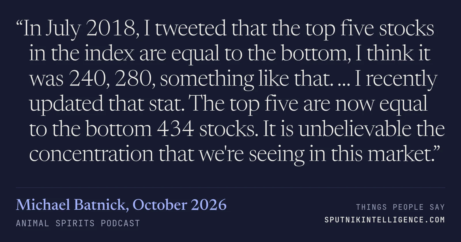 &ldquo;In July 2018, I tweeted that the top five stocks in the index are equal to the bottom, I think it was 240, 280, something like that. … I recently updated that stat. The top five are now equal to the bottom 434 stocks. It is unbelievable the concentration that we're seeing in this market.&rdquo; — Michael Batnick, Animal Spirits Podcast