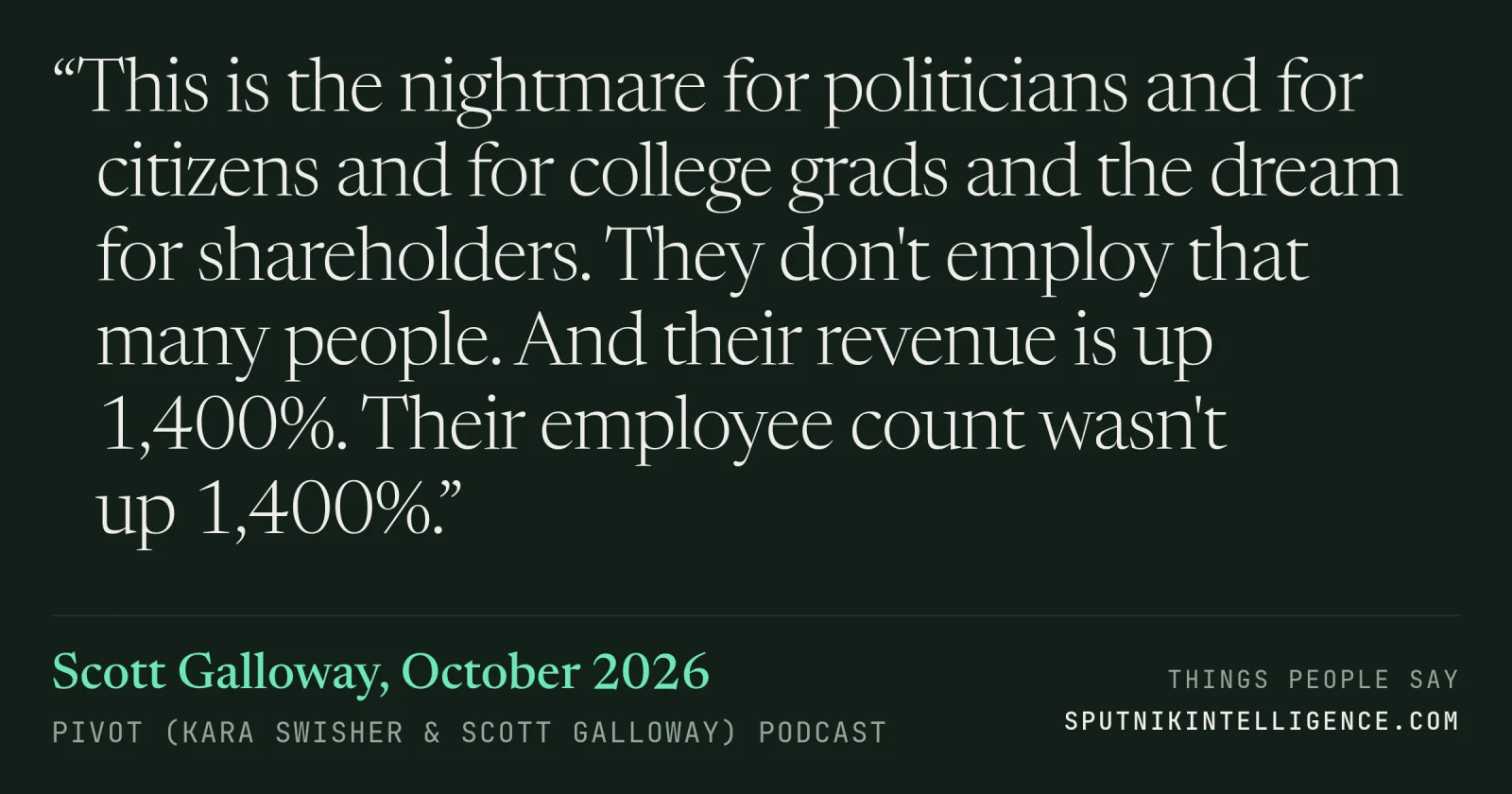 &ldquo;This is the nightmare for politicians and for citizens and for college grads and the dream for shareholders. They don't employ that many people. And their revenue is up 1,400%. Their employee count wasn't up 1,400%.&rdquo; — Scott Galloway, Pivot (Kara Swisher & Scott Galloway)