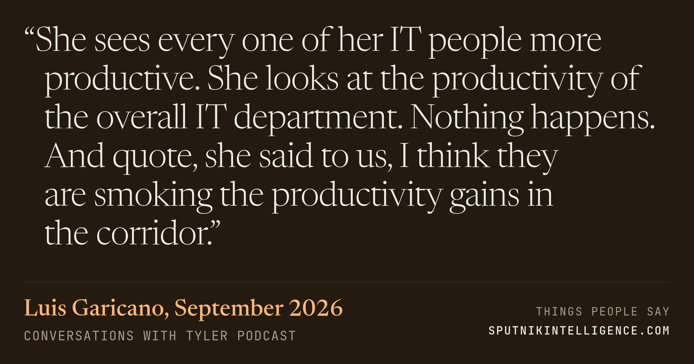 &ldquo;She sees every one of her IT people more productive. She looks at the productivity of the overall IT department. Nothing happens. And quote, she said to us, I think they are smoking the productivity gains in the corridor.&rdquo; — Luis Garicano, Conversations with Tyler