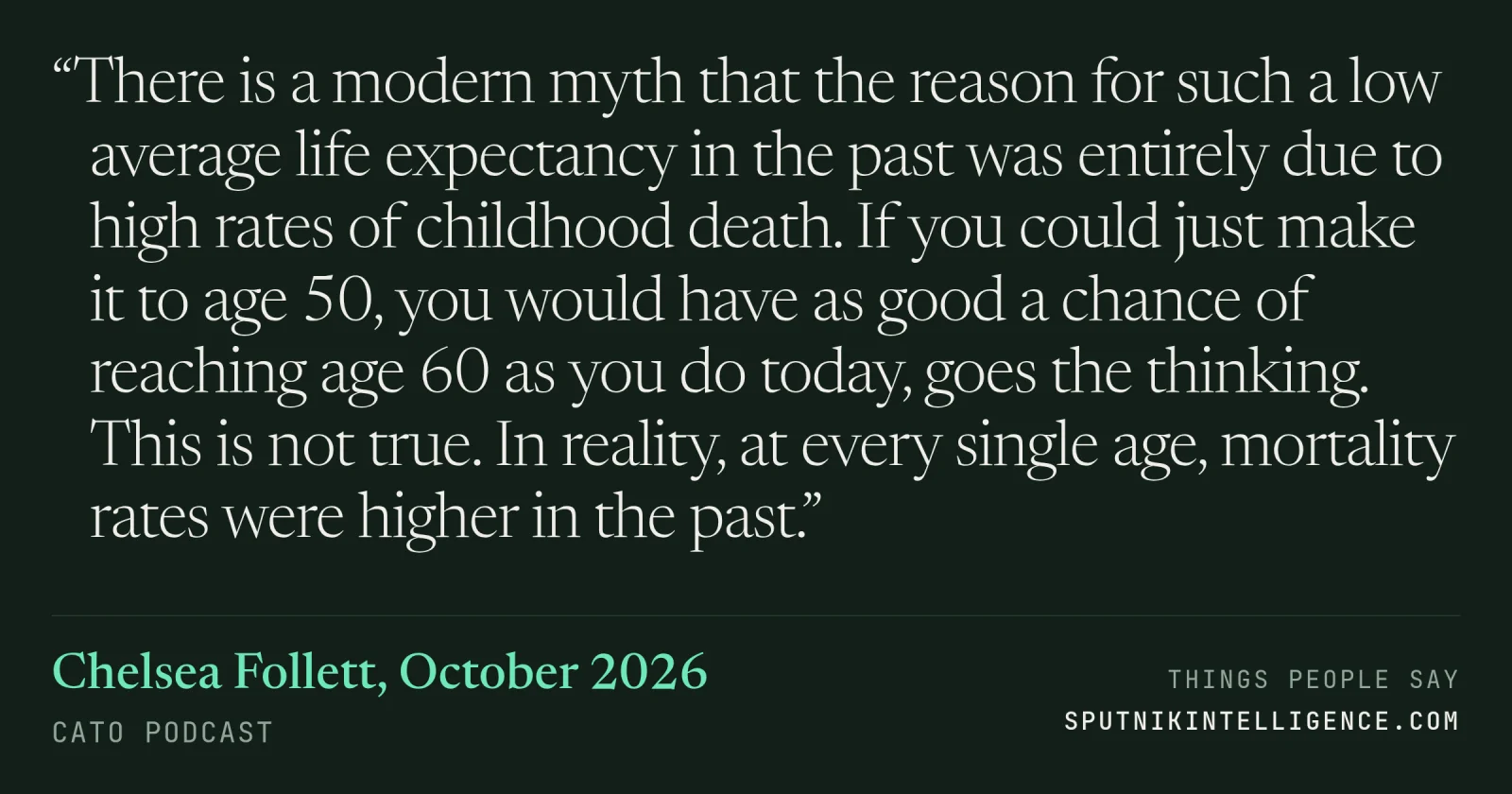 &ldquo;There is a modern myth that the reason for such a low average life expectancy in the past was entirely due to high rates of childhood death. If you could just make it to age 50, you would have as good a chance of reaching age 60 as you do today, goes the thinking. This is not true. In reality, at every single age, mortality rates were higher in the past.&rdquo; — Chelsea Follett, Cato Podcast