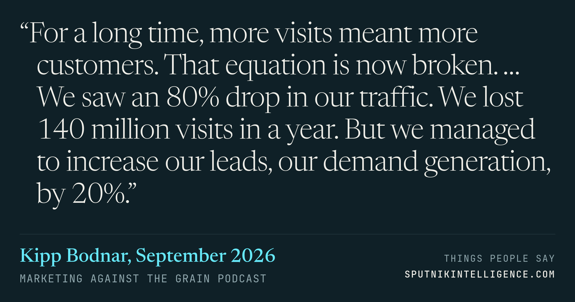 &ldquo;For a long time, more visits meant more customers. That equation is now broken. … We saw an 80% drop in our traffic. We lost 140 million visits in a year. But we managed to increase our leads, our demand generation, by 20%.&rdquo; — Kipp Bodnar, Marketing Against The Grain