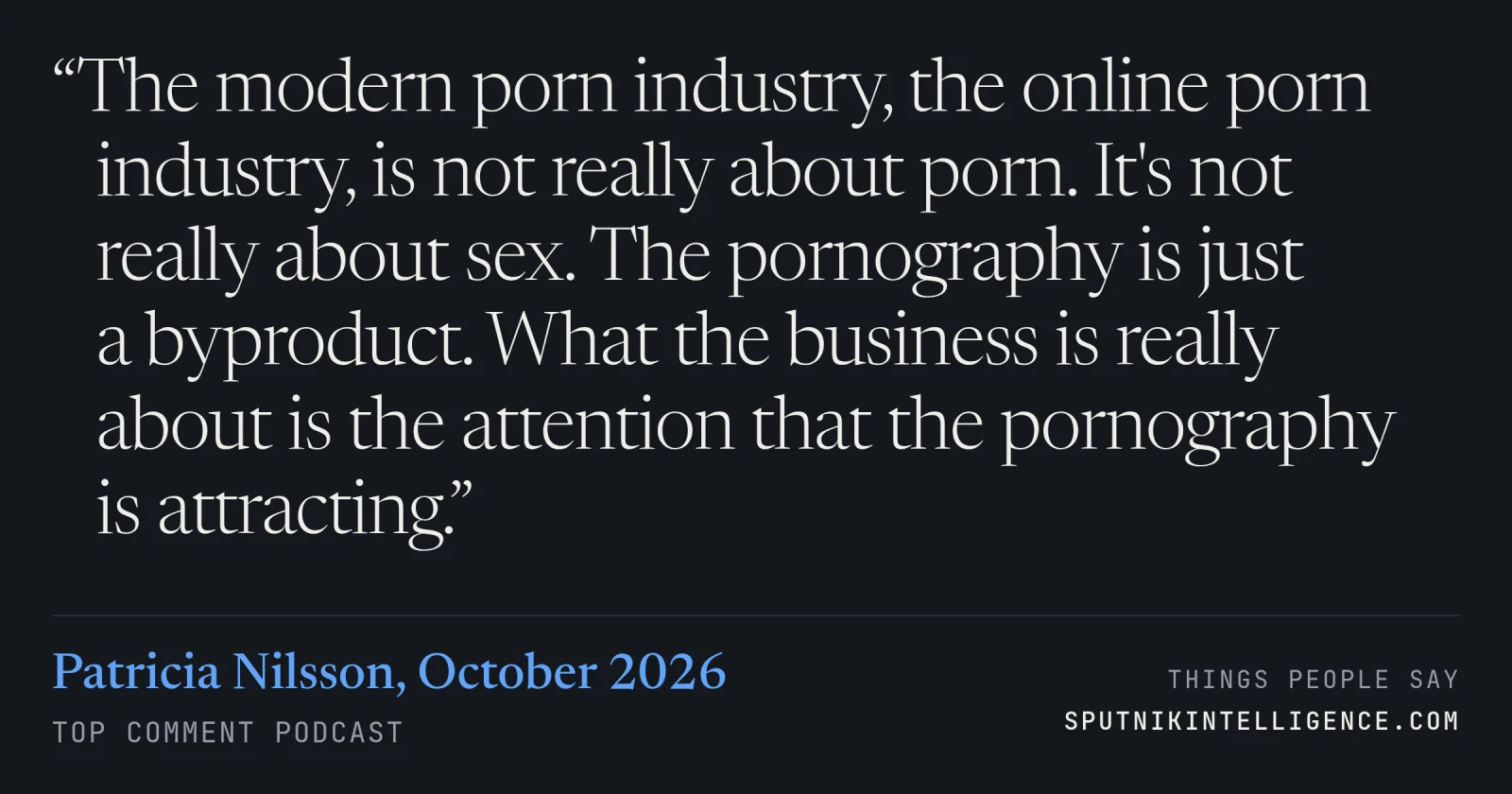 &ldquo;The modern porn industry, the online porn industry, is not really about porn. It's not really about sex. The pornography is just a byproduct. What the business is really about is the attention that the pornography is attracting.&rdquo; — Patricia Nilsson, Top Comment