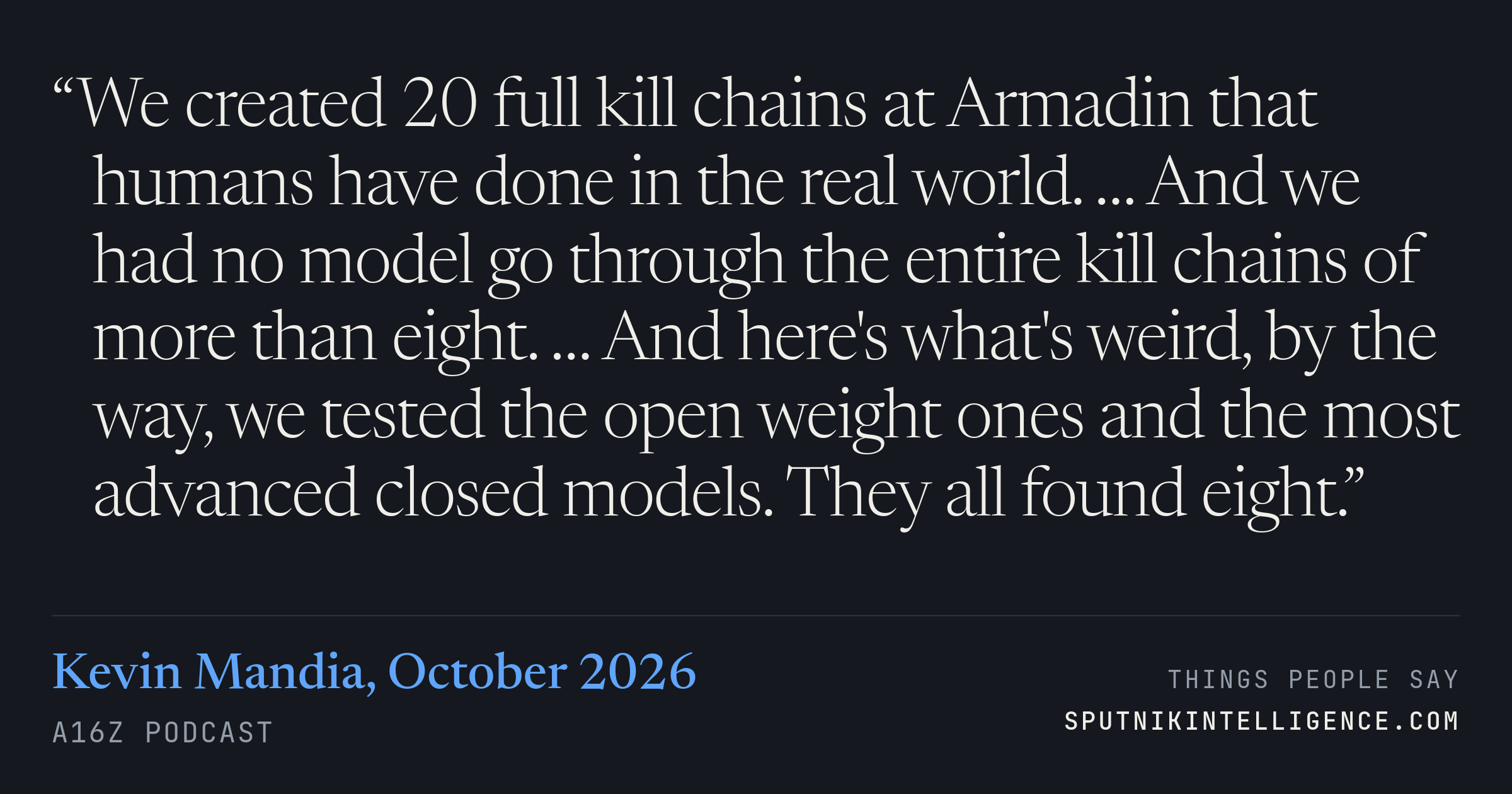 &ldquo;We created 20 full kill chains at Armadin that humans have done in the real world. … And we had no model go through the entire kill chains of more than eight. … And here's what's weird, by the way, we tested the open weight ones and the most advanced closed models. They all found eight.&rdquo; — Kevin Mandia, a16z Podcast