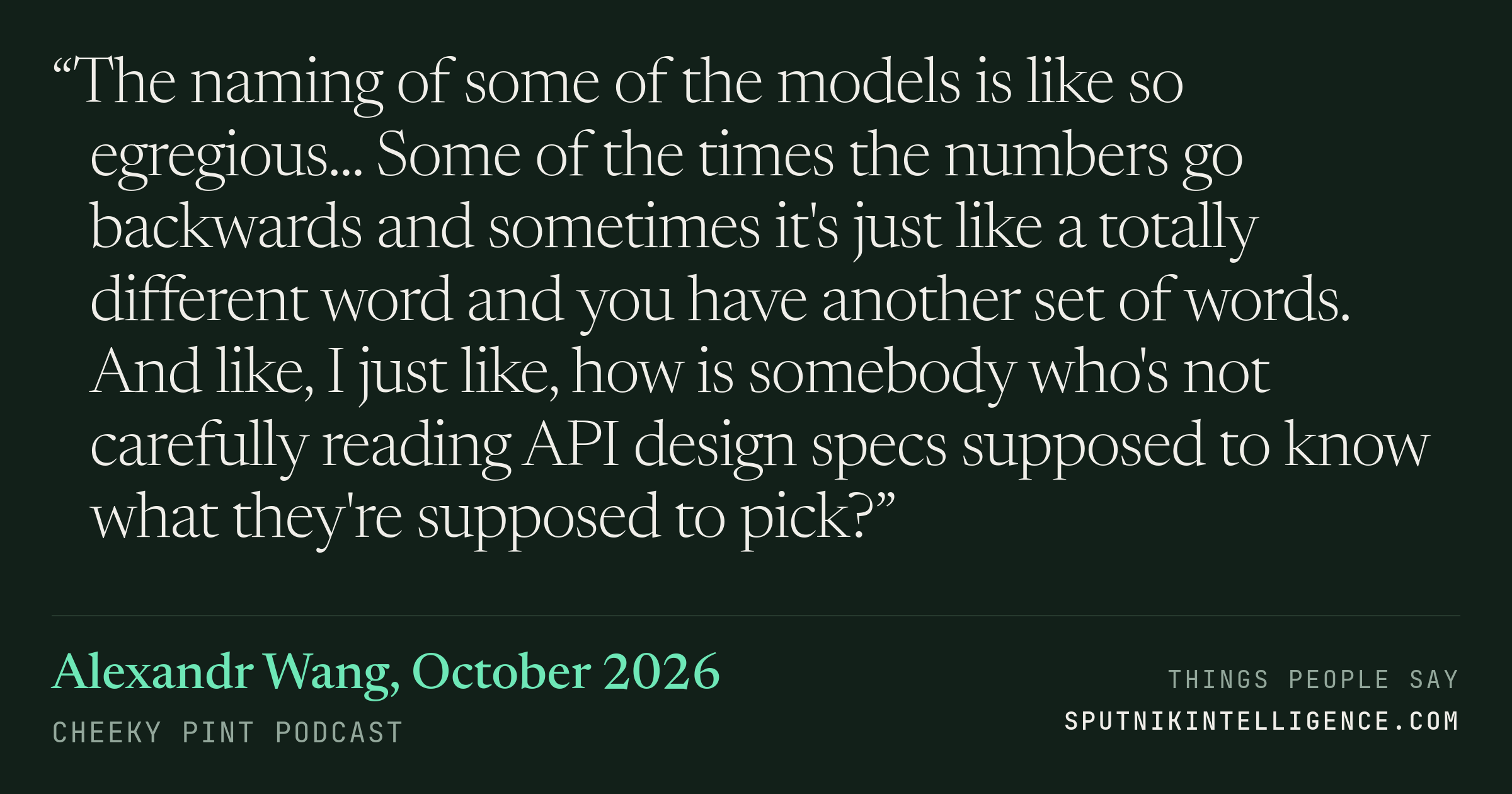 &ldquo;The naming of some of the models is like so egregious... Some of the times the numbers go backwards and sometimes it's just like a totally different word and you have another set of words. And like, I just like, how is somebody who's not carefully reading API design specs supposed to know what they're supposed to pick?&rdquo; — Alexandr Wang, Cheeky Pint